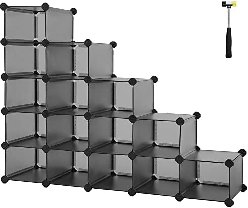 SONGMICS 16-Cube Storage Unit, Shoe Rack, DIY Shelving System, Stackable Cubes, PP Plastic Shelf, Wardrobe, Closet Divider, for Bedroom, Office, 30 x 111.2 x 86.2 cm, Grey LPC44G