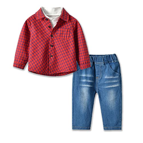 Coralup Baby Jungen Mantel + Hosen + Hemden Bekleidungsset Kleinkinder Kausal 3 Teile Outfits Größe 80/12Monate-18Monate (Rot) Cover