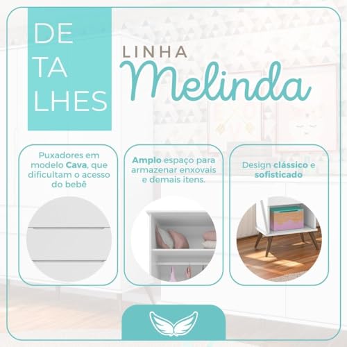 Quarto Para Bebê Completo Melinda com Roupeiro Cômoda e Berço Branco
