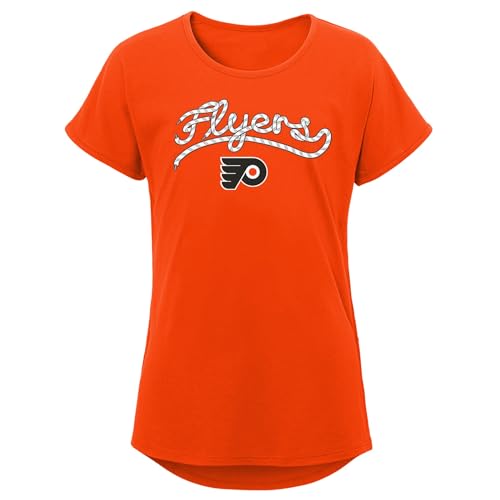 Outerstuff NHL Philadelphia Flyers Girls Youth LACE Script Short Sleeve Dolman Tee, Ages 7 to 16