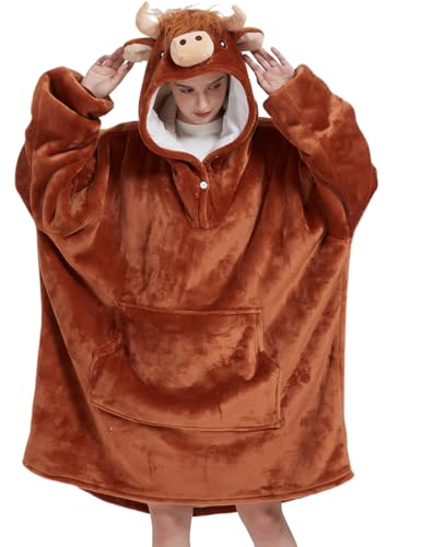 NAFLEAP Blanket Hoodie Women Wearable Blanket Adult Oversized Fleece Sherpa Christmas Sweatshirt Gift for Women Brown cow adult