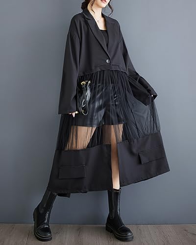 Women's Shirt Dress Long Sleeve Buttoned Tulle See Through Solid Patchwork Loose GZ3044