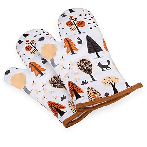 Image of Wolpin Oven Gloves 100% Cotton Padded Snow Forest, Thick Anti-Slip Heat Resistant Gloves (Pack of 2, Off-White)