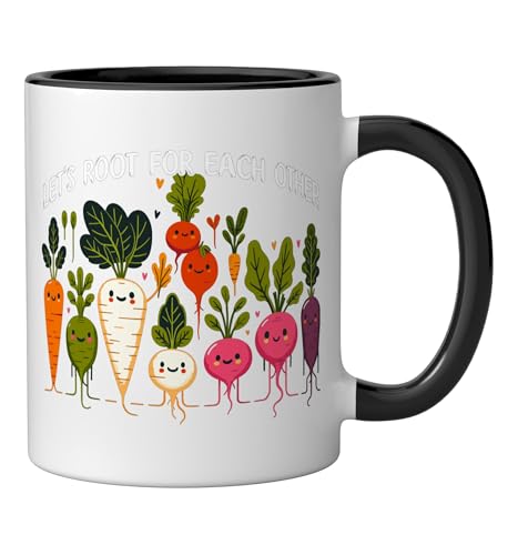Let's Roots For Each Other Funny Vegetable Vegan Veggie Ceramic Mug, Black/White