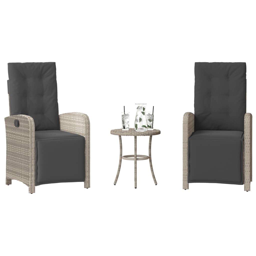 Set da 3 pezzi in polyrattan grigio chiaro con cuscino, schienale regolabile e poggiapiedi, fodere rimovibili e lavabili, telaio in acciaio verniciato a polvere, per giardino e balcone