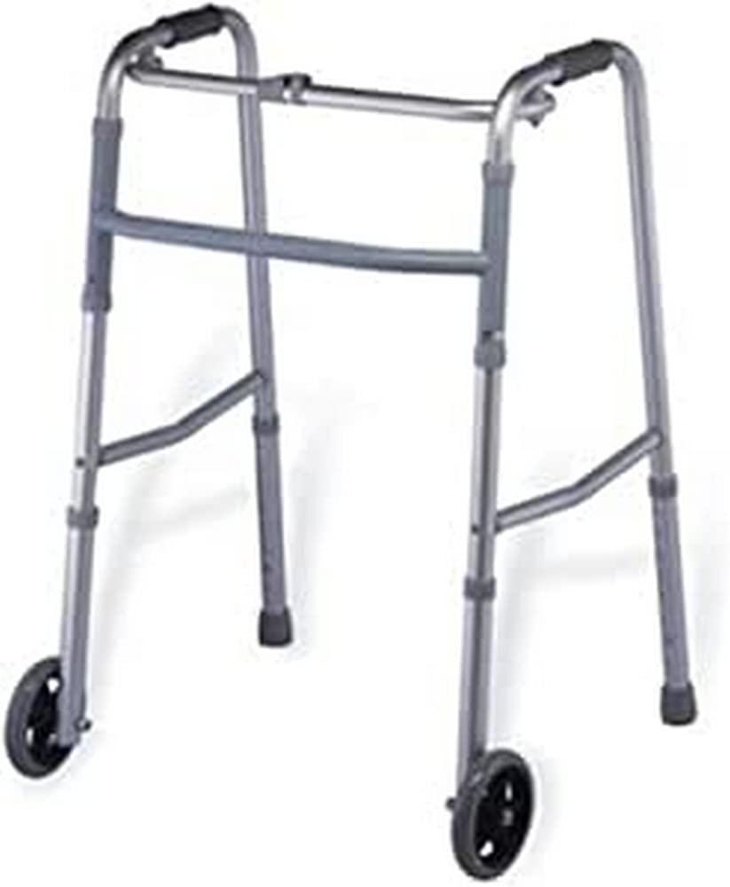 QUIRUMED Andador de aluminio, Plegable, Rígido, Extensible, Altura regulable, Con 2 ruedas, Con barra estabilizadora, Para ancianos, Para personas mayores, Color Gris