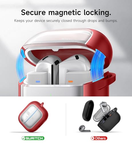 Image of SURITCH for Samsung Galaxy Buds 3 Pro (2024) / Buds 3 (2024) / Buds3 FE (2025) Case, Magnetic Bumper Cases, Rugged Shockproof Protective Covers with Carabiner & Cleaning Kit & Removal Tool, Red