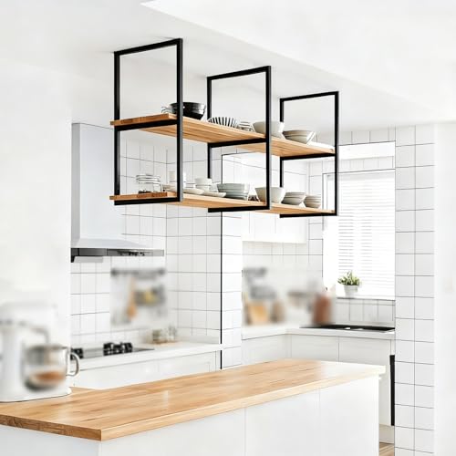 VOHJIXJYW Ceiling Mount Floating Shelves, 2-Tier Industrial Ceiling Storage Rack, Wooden Hanging Display Stand for Kitchen Bar, Plant Wine Bottle Dish Organizer(150x30x80cm)