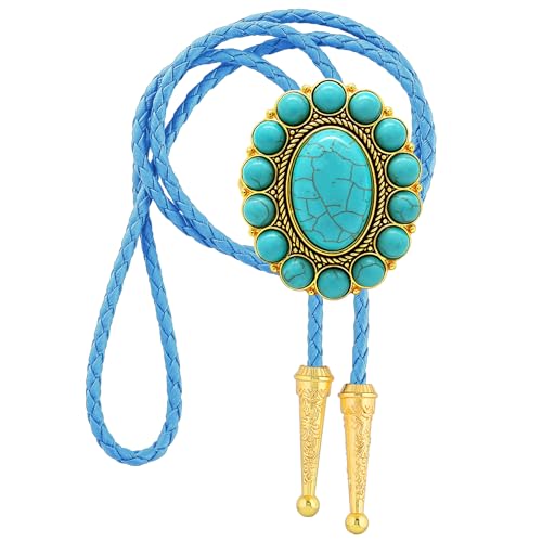 Image of GelConnie Bolo Tie for Men Women Western Cowboy Turquoise Leather Necktie | Natural Stone Bolo Tie Necklace for Women Rodeo Cowboy Leather Necktie Native American Western Cowgirl Ties Adjustable Cord