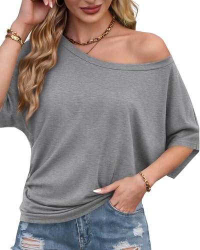 Image of Hilinker Womens Sexy Off The Shoulder Tops Short Batwing Sleeve T Shirt Oversized Casual Tee