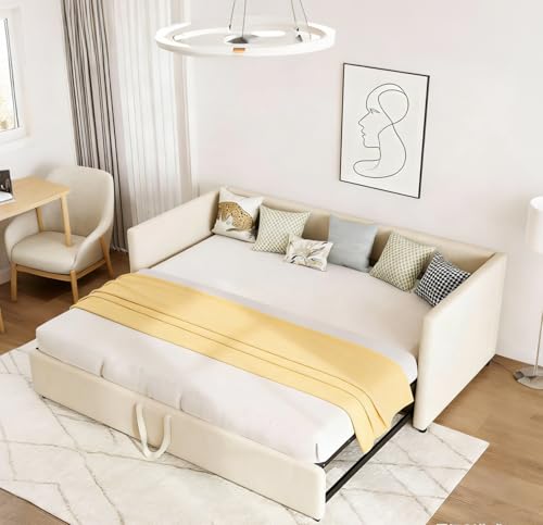 YNYHTER Sofá Cama de Matrimonio,Sofá Cama Extensible 90/180x200cm Sofa Cama Nido Doble Sofa Cama de 2 Plazas Camas de Día Extensible Sofas Camas Multifuncional,Sin Colchón (Beige, 90/180x200cm)