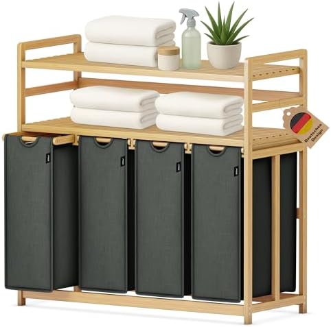 XMHome Wäschesammler 4 fächer, 198L Wäschekorb,2 Ablagen,Bambusrahmen | Wäschesortierer 4 x 49.5L,ausziehbar abnehmbar,Doppelregal,Farbe Dunkelgrau