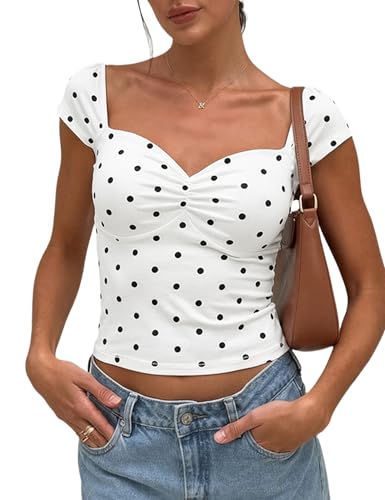 FOMELY Women's Polka Dot Top 2026 Summer Cap Sleeve Sweetheart Neck Crop Top Cute Y2K Going Out Tops White