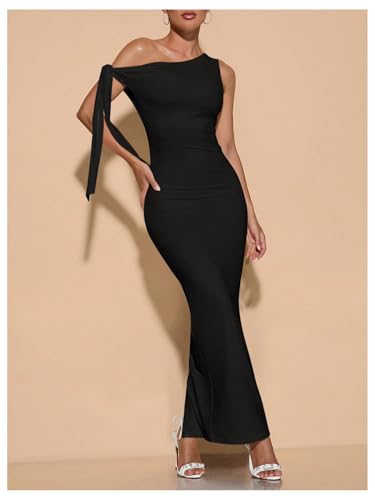 Image of SOLY HUX Women's Off The Shoudler Bodycon Maxi Dress Asymmetrical Neck Bow Tie Cocktail Party Long Dresses