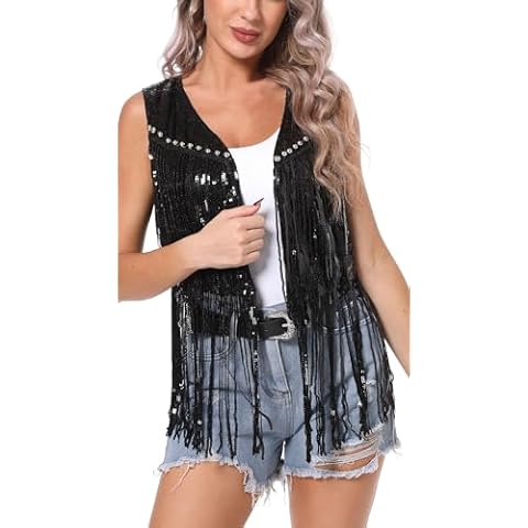 FEOYA Womens Sequin Fringe Vest Cardigan Cover