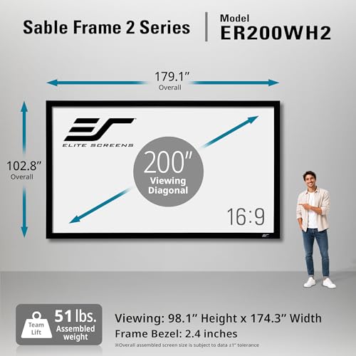Image of Elite Screens Sable Frame 2, 200-inch 16:9, Active 3D 4K Ultra HD Ready Fixed Frame Home Theater Projection Projector Screen, ER200WH2 | ISF-Certified CineWhite UHD-B 1.3 Gain delivers accurate colors wide viewing angles and supports 4K /8K UHD, HDR & Active 3D