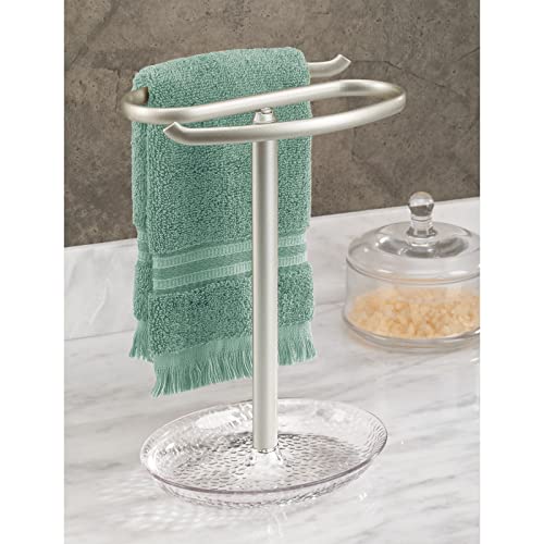 Mdesign Steel Fingertip Towel Rack Stand With Base Tray - Towel Holder, Towel Bar For Bathroom, Kitchen, Powder Room - Holds Hand Towel, Washcloths - Rain Collection - Clear/Satin #TOP2