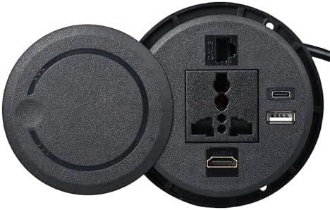 Office Desk Swivel Round Grommet Socket with 6A Power, USB A, USB C, HDMI & CAT6 LAN Sockets | Round Cable Cubby