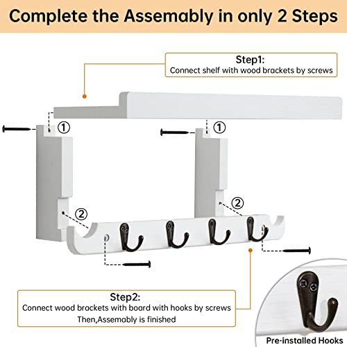 Emfogo Coat Rack Wall Mount 16.9" Key Holder Wall Mount With 6 Coat Hooks Rustic Wall Coat Rack With Hooks For Entryway, Bathroom, Living Room White #TOP6