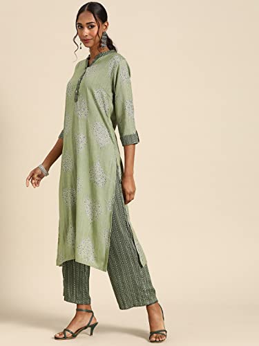 Image of Rapsodia Women's Green & Grey Gotta Patti Gold Foil Printed Straight Kurta with Palazzo.