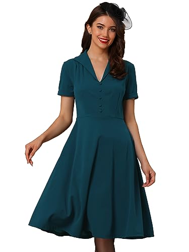 Allegra K Damen 1950er Retro Vintage Kleid Kurzarm V-Ausschnitt Knopfleiste A-Linie Swing Kleider, blau - peacock blue, M