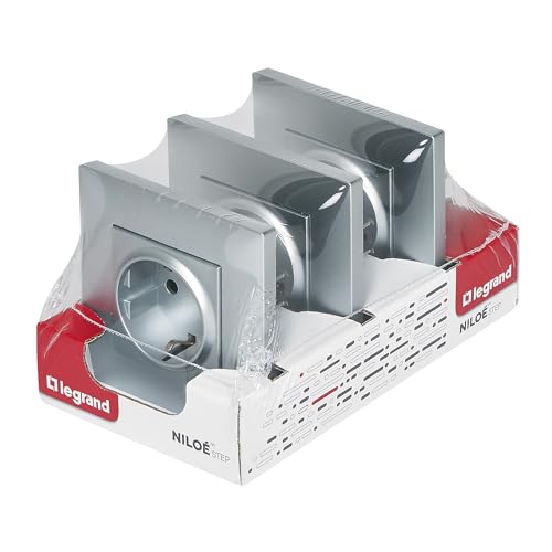 LEGRAND Pack 3 enchufes 2P+T 16A monobloc para instalación empotrada, Gama Niloé Step, Color Alumunio, 398303