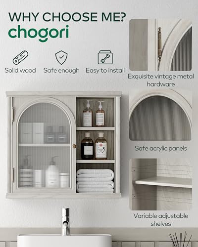 Armario de baño de madera maciza Chogori para montar en pared sobre el inodoro, almacenamiento para medicamentos con estantes ajustables, armario con puerta de acrílico y diseño arqueado cuadrado, 25,6" x 11" x 23,6", gris miniatura 5