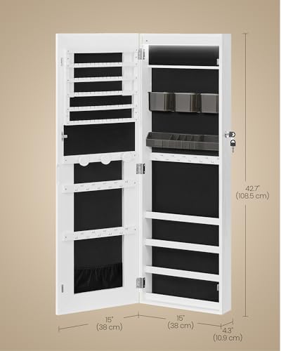 Image of SONGMICS HOME Mirror Jewelry Cabinet, Lockable Hanging Jewelry Organizer with Full-Length Mirror, Door or Wall Mounted Storage Cabinet, Adjustable LED Lights, White