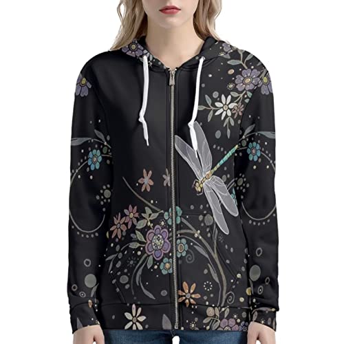 Showudesigns Dragonfly Zip Up Hoodies Sweatshirts For Women Oversized 4Xl Zipper Jackets Hooded Pullover With Pocket Long Sleeve Tops Clothes Y2K Front Closure Shirts Boho Flower #TOP2