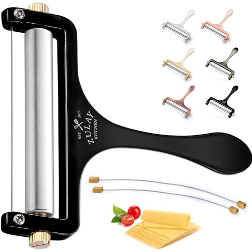 Image of Zulay Kitchen Stainless Steel Wire Cheese Slicer - Adjustable Hand Held Cutter with 2 Extra Wires - Premium Cheese Shaver For Mozzarella, Cheddar, Gruyere - Black