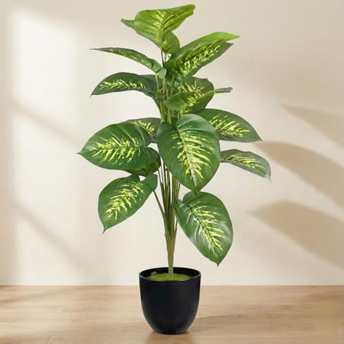 Image of Dekorly Artificial Palm Tree - Large Fake Tropical Floor Plant, Realistic Plastic Greenery for Indoor Home, Office, Living Room & Corner Decor (Dieffenbachia)