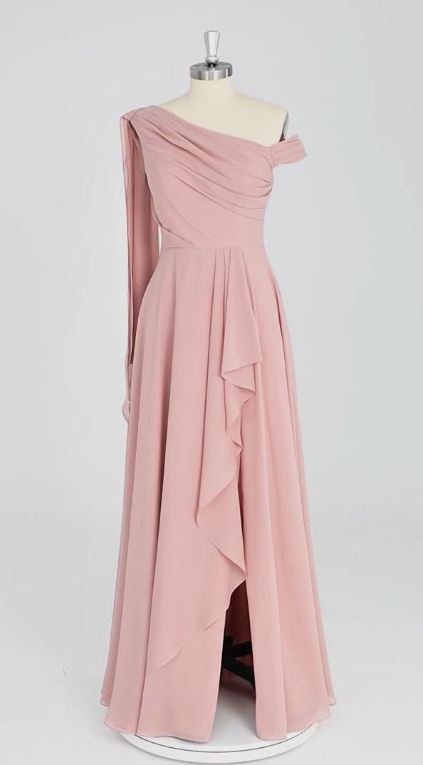 Off Shoulder Chiffon Bridesmaid Dresses for Women 2026 Ruffles Long Formal Gowns for Wedding Guest with Slit