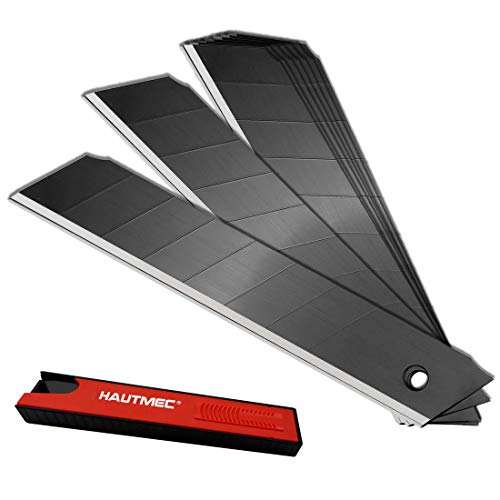 HAUTMEC Professional Retractable Snap Off Utility Knife Replacement Black Blades 18mm (PACK of 10), SK2H Material Heavy Duty Refill Box Cutter Blades,Rust Proof, for Box, Carpet, Rope HT0144-BL