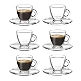 LAV Glass Coffee Cups and Saucers Set of 6 - Small Espresso Cups with Handle 3 oz - Clear Coffee Mug Latte Cups Set