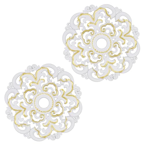 Image of Ceiling Medallion 2Pcs, 12 x 1.57 Inches, White with Gold Edge, ABS | Whole Circle, Fits 1.57 Inch Canopy, European Vintage Carving, Decor For Chandeliers & Ceiling Fans, Made of Plastic