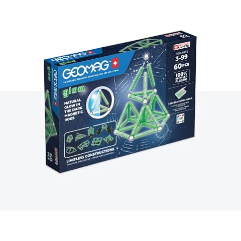 Geomag, Glow Recycled, Magnetic Constructions With Glow Effect, Magnetic Bars Glowing in the Dark, 60-Piece Pack, 100% Recycled Plastic , White Cover