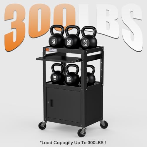 Image of Steel Large AV Cart with Extra Storage - Adjustable Height Cart with Locking Cabinet, Pullout Tray, Power Strip, and Cord Management - Holds 300 lbs and Easy to Assemble (24'' x 18'' x 42'')