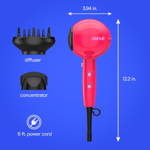 Image of Conair Cake Pop Hair Dryer with Diffuser & Concentrator Attachments, Blow Dryer, Hair Dryers for Women, Tourmaline Ceramic Technology, 3 Heat /2 Speed Settings, Compact Hair Dryer w /Concentrator, Pink