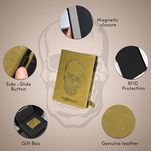 Image of The X Project Genuine Leather Wallet for Men | RFID Blocking Slim Bifold Wallet | Quick Card Eject Mechanism | Coin Pocket & ID Window | Premium Gift Box | Bold Skull Design (Green)