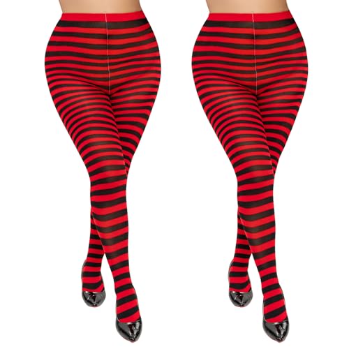 Image of MANZI 2 Pairs Women's Plus Size Colored Striped Tights 40D Nylon Striped Pantyhose for Halloween Christmas