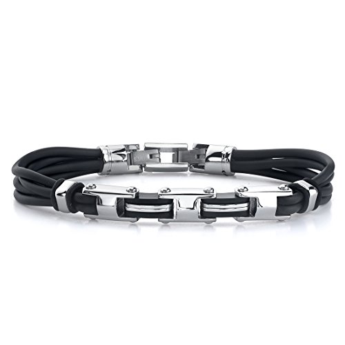 Peora Modern Fashion: Stainless Steel H-Link Multi-Cord Rubber Bracelet For Men #TOP26