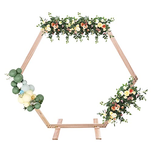 KiwiHood Arco de madera para boda, 2 m, hexagonal, cenador de boda, arco de madera, soporte rústico para jardín, para interior y exterior, boda, ceremonia, fiesta de cumpleaños