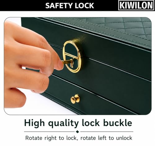 Image of PU Leather Jewelry Box Organizer for Women with Lock & Key, 2 Layer Jewellery Storage Case with Drawer, Ring Slots, Necklace Hooks & Earring Holder (Green)