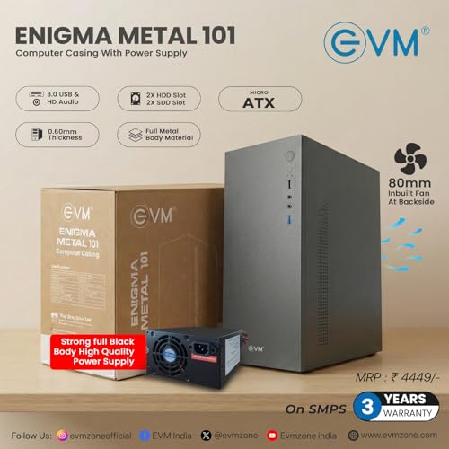 Image of EVM Enigma Metal 101 Computer Cabinet with 500W Enguard Power Supply | Micro ATX /Mini ITX Case | USB 3.0 Front I /O | 0.6mm Metal Body | 2 HDD + 2 SSD Support | 80mm Rear Fan | Black