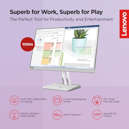 Lenovo L-Series 24 inch (60.45cm) FHD Ultraslim Monitor| 100Hz, 72% NTSC, 4ms, AMD FreeSync, HDMI 1.4, VGA, Tilt Stand, for Home & Office use, 3... - Image 3