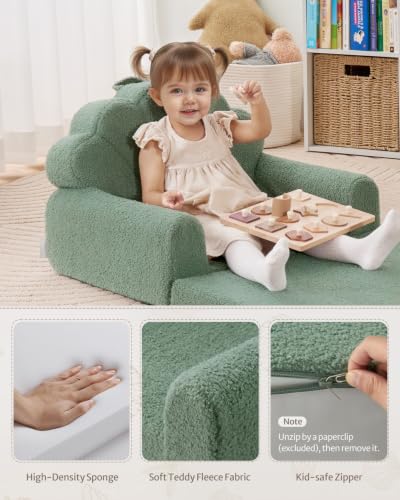 Image of Blissful Diary Foldable Kids Couch, 2-in-1 Kids Sofa Chair, Green Shell | 50.8 inch Fold-Out Play Area, Supportive Foam, Washable Cover, Carry Handle, Pre-Assembled, Kid-Safe Zipper