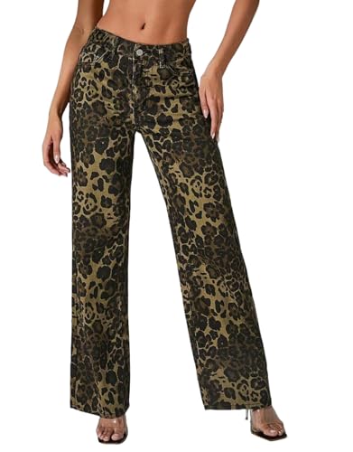 Kedera Women's Leopard Printed Wide Leg Jeans Baggy Straight Jeans Casual Boyfriend Mid Rise Ankle Denim Pants