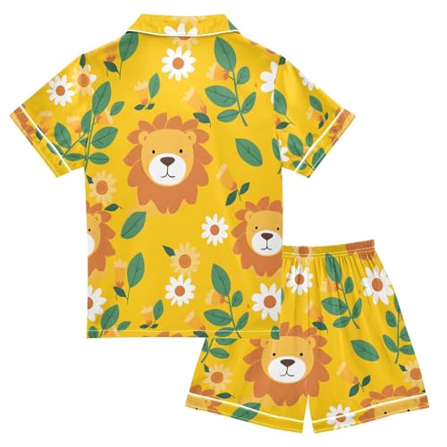 ALAZA Cute Lion Blossom Yellow Pajamas Satin Pajama Set Short Sleeve Button Down Sleepwear2