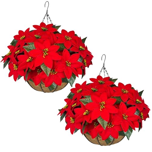 NSOPB 2 Set Artificial Poinsettia Christmas Hanging Basket, Fake Silk