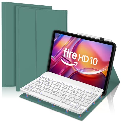 FOGARI Keyboard Case for Fire HD 10 & 10 Plus 10.1 inch (13th/11th Generation 2023/2021), Detachable Bluetooth UK Version Keyboard Cover, Green